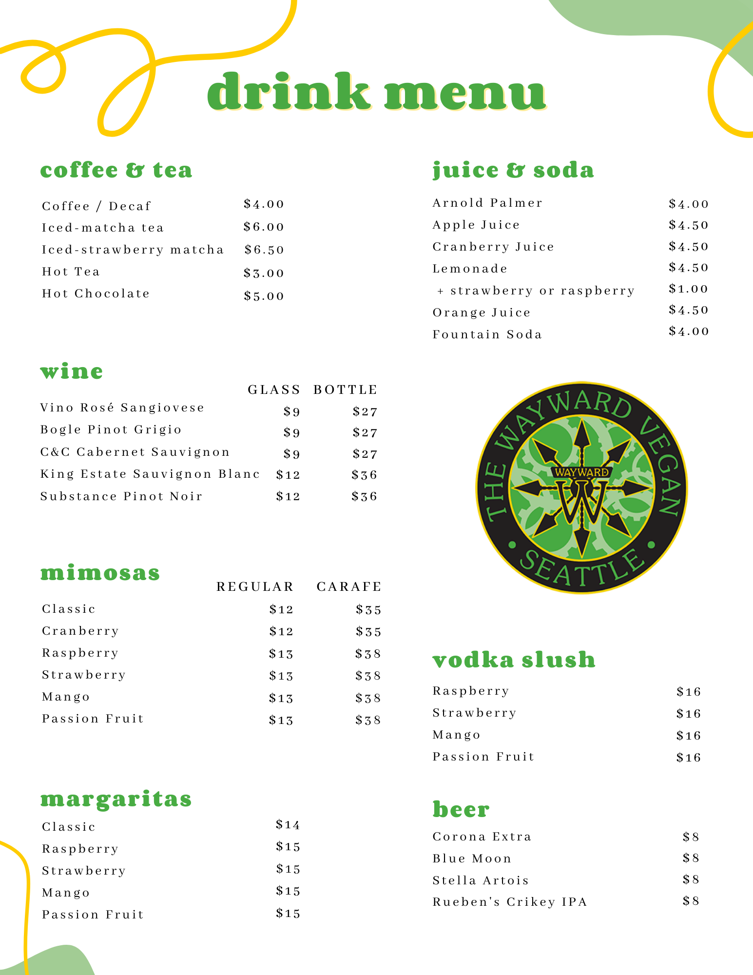 wayward vegan drink menu.